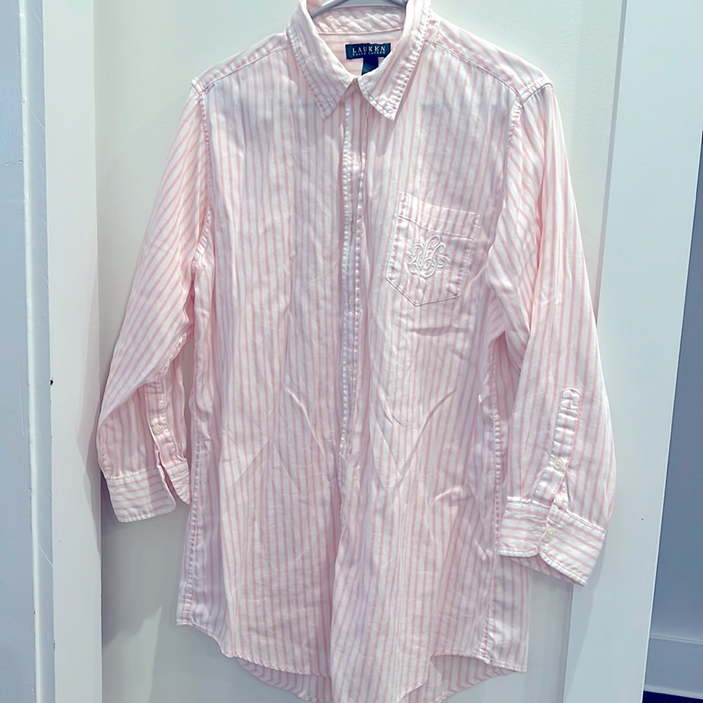 Lauren Ralph Lauren pink and white stripped button down with monogram